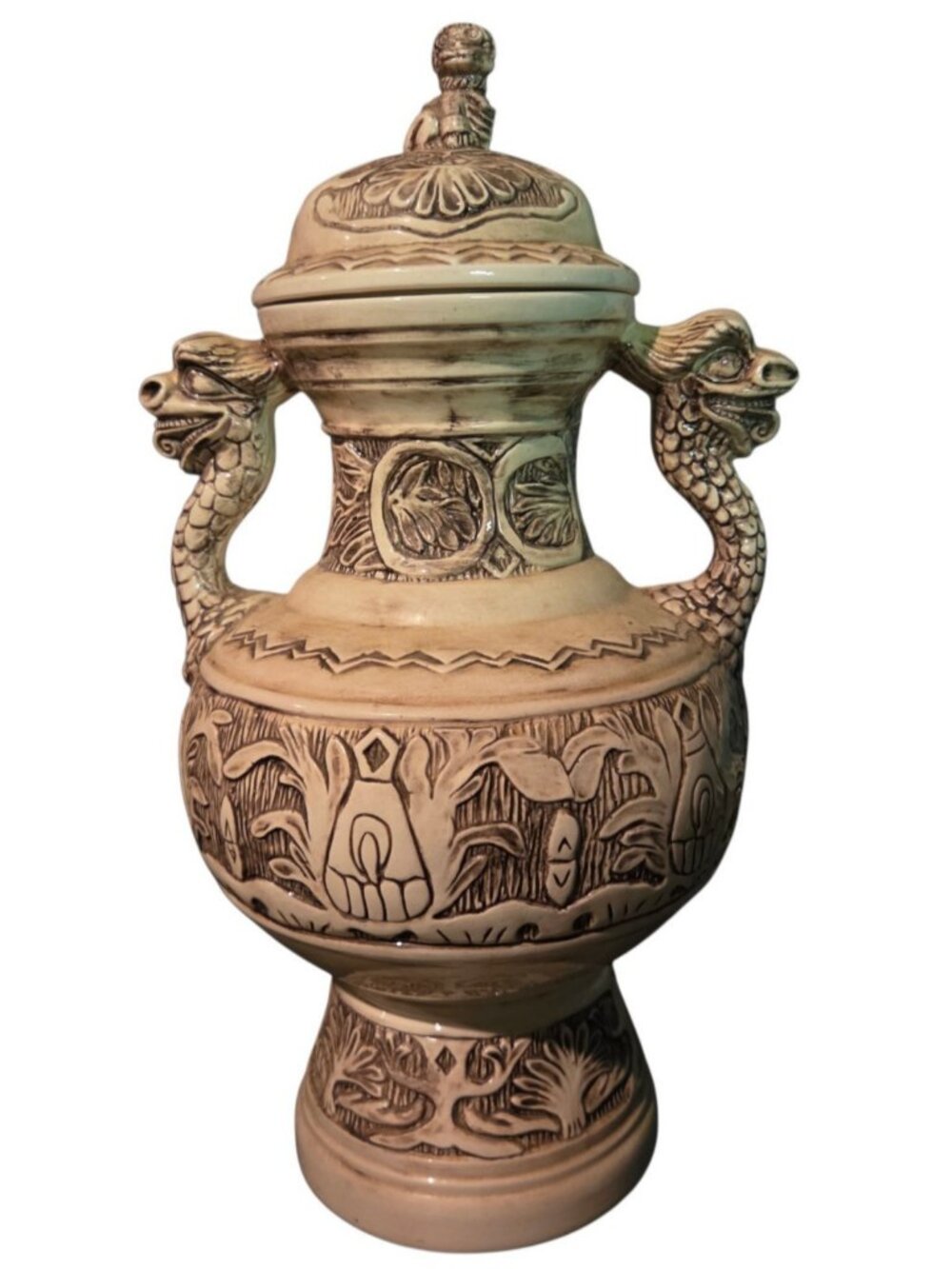 Vintage Style Vase / Vessel White with black accenting Dragon and Other Motifs